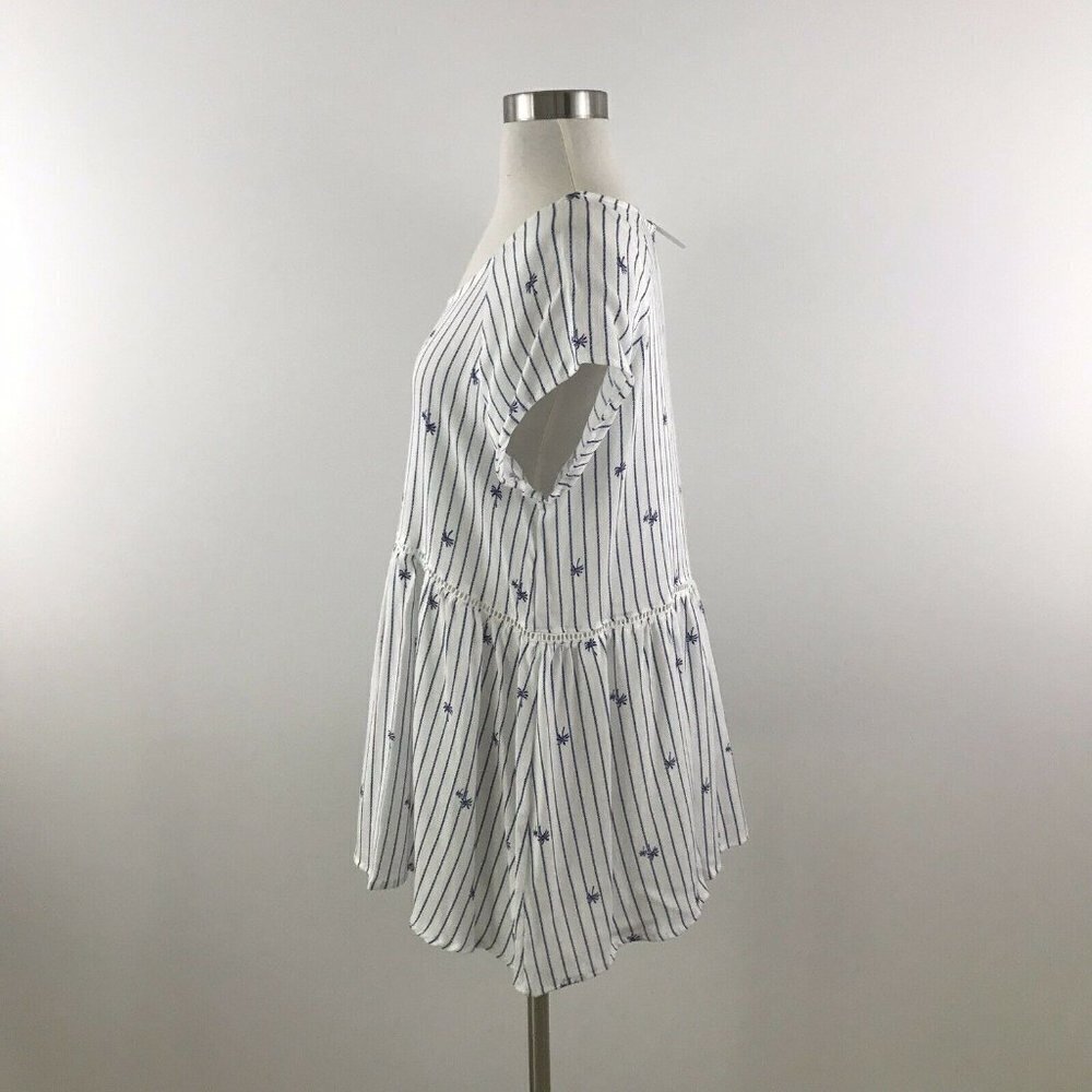Crescent Women's Top Large Striped White Blue Palm Tree Print Flowy Lattice NWT - Picture 2 of 6